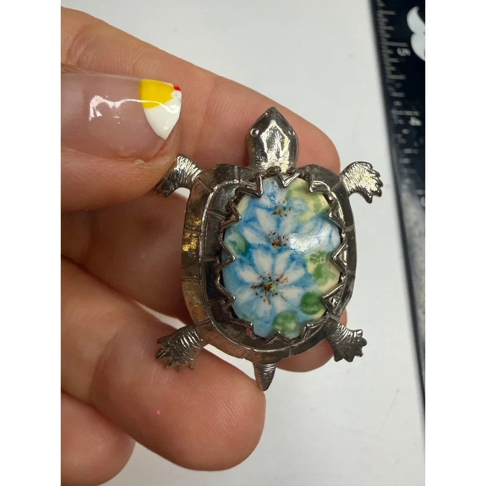 Silver Tone Turtle Brooch Floral Cabochon Animal Pin Blue White Green